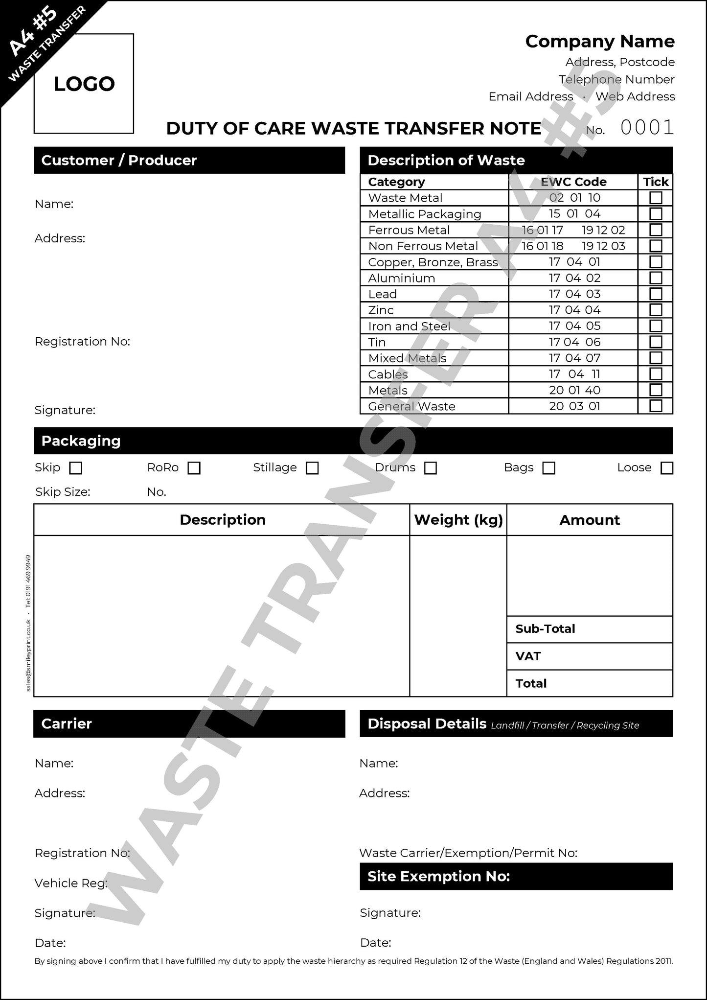 Waste Transfer Templates