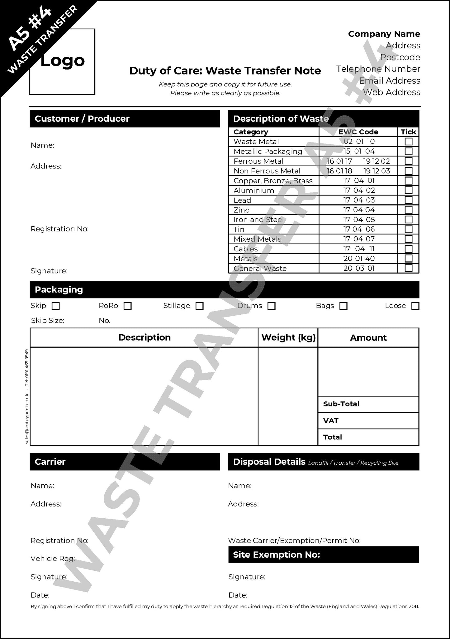 Waste Transfer Templates